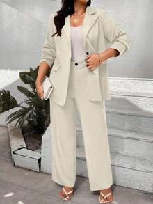 Elenzga Plus Size Women Solid Color Single-Button Blazer & Pants Suit - Apricot - View 5