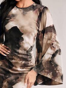 Veilorie 女式优雅褶饰喇叭袖连衣裙，秋季 - 綠色 - 查看 8