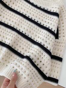 SHEIN Fashionable & Versatile Cute Round Neck Pullover Sweater For Girls Girl Knit Sweater Girls Sweater Sets Knit Sweater Striped Knit Sweater Girl Striped Sweater Fall Winter - Beige - View 5