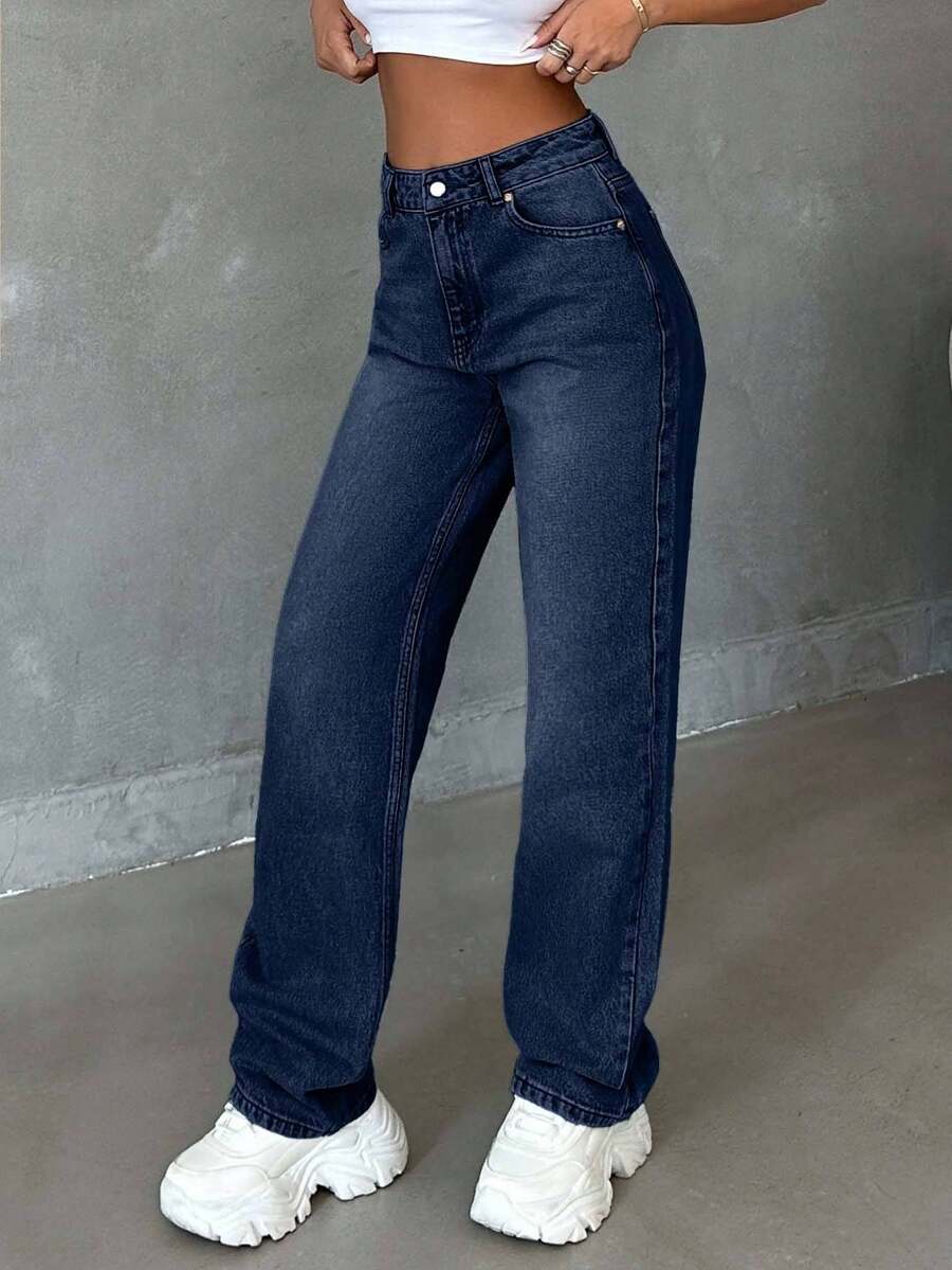 SHEIN Tall HIGH RISE STRAIGHT CUT LIGHT BLUE JEAN TALL - Dark Wash - View 1