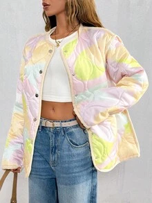 EURMUSE Graphic Print Button Front Quilted Winter Coat - Multicolor - View 1