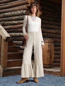 LanaWest 西部乡村风格女式纹理面料阔腿裤 - 咖啡棕 - 查看 5