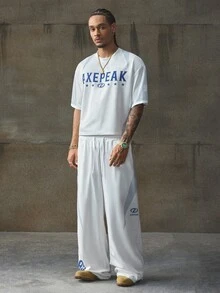 AXEPEAK Men's Contrast Color Patchwork Letter Print T-Shirt And Pants Set - Grey - View 6