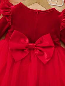 SHEIN Babygirl 优雅天鹅绒和网眼拼布长袖连衣裙 - 紅色 - 查看 6