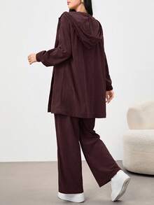 Mulvari 2pcs Khaki Women Casual Daily Hooded Shirt And Pants Set, Autumn/Winter 2 Pieces Set - Coffee Brown - View 2