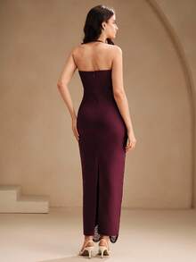 Anewsta 优雅朱砂红色修身挂脖流苏连衣裙，奢华晚礼服，时尚派对礼服 - 酒紅色 - 查看 2