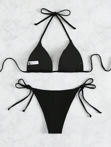 Swim Basics Summer Beach Halter Triangle Tie Side Bikini Set