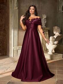 Aureia Plus Size Elegant Luxurious Embroidered Lace Applique Sheer Long Sleeve Off Shoulder Stretch Satin Maxi A-Line Dress, Suitable For Weddings, Parties, Vacations, Balls, Evening Gowns (Heavy Embellishment), Valentine's Day - Burgundy - View 4