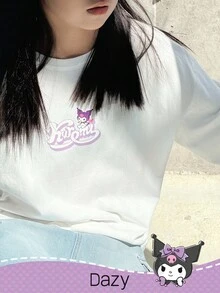 DAZY HELLO KITTY AND FRIENDS | SHEIN T-shirt à manches longues en tricot avec graphique de lettre col rond pour préadolescentes, automne - Blanc - Voir 7