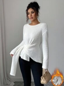 SHEIN Elenzya Autumn/Winter Asymmetrical Criss-Cross Strap Knit Sweater Top - White - View 1