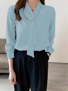 Women's Solid Color Bowknot Design Long Sleeve Elegant Blouse Fall Cloth For Women - Blue - View 3
