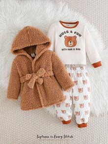 Cozy Pixies 3 pezzi Set da bambino maschio composto da: Maglia a girocollo in maglia con stampa di orsetti, Pantaloni in vita elastica, Accappatoio con cappuccio, Fodera in pile spesso