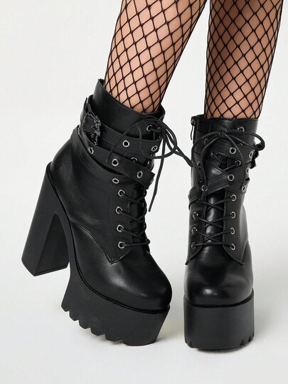 Women's Punk Y2K Thick Platform High Heel Short Boots Gothic Autumn/Winter Street Edgy Wrap-Around Bat Buckle Round Toe Motorcycle Boots Comfortable Lace-Up Side Zipper High Heel Party Boots For Women