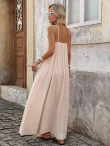 Brillora 纯色编织宽松细肩带连衣裙，女式，夏季 - 杏色 - 查看 2