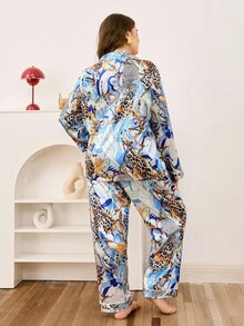 Chillnights Plus Size Leopard, Paisley, Floral & Chain Print Satin Lapel Long Sleeve Top & Pants Sleepwear Set Plus Size Pajama Sets For Women, Cozy Outfit, Fall Winter Clothes