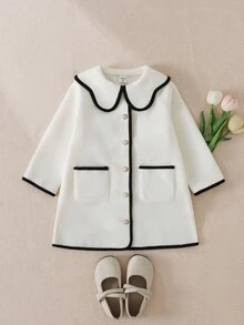 Elladie kids 1pc Young Girl' Comfortable Casual Elegant Contrast Collar Button Front Pocket Long Sleeve Jacket, Suitable For Autumn/Winter Daily Wear Fall - Multicolor - View 3