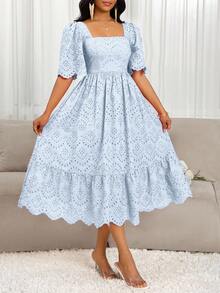 SHEIN Lady Váy dài vừa phải thêu rỗng màu trơn thanh lịch dành cho nữ - Màu xanh nhạt - Xem 3