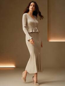 Anewsta Women's Elegant V-Neck Ruffle Hem Knit Dress, Autumn/Winter - Apricot - View 6