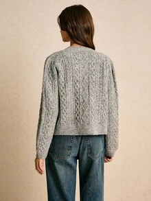 Poéselle Women's Grey Cable Knit Button Up Cardigan Sweater,Cozy Chunky Vintage Y2K Style Long Sleeve Top,Solid Color Casual Autumn Work Wear Front Closure - Grey - View 6