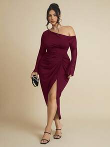 SHEIN BAE Plus Size Women Ruched Mesh Long Sleeve Semi-Sheer Dress - Burgundy - View 3