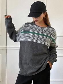 DAZY 女式撞色复古提花宽松圆领长袖休闲街头风格针织毛衣，秋冬 - 灰色 - 查看 5