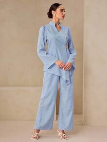 Graceveil Women's Blue & White Striped Long Sleeve Loose Casual 2 Pieces Set - Blue and White - View 5