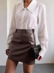 Aidyla Camisa casual de mujer de unicolor con cuello vuelto y botones delanteros, para primavera/verano - Blanco - Ver 8