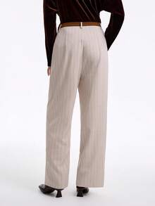 SHEIN LUNE 休闲通勤时尚高端奢华撞色腰带拼接前开领亚麻条纹面料斜口袋女士直筒裤 - 卡其色 - 查看 2