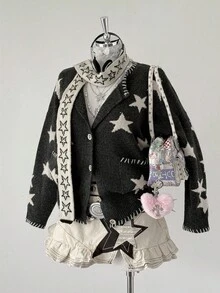 Sunspun Vintage Color Block Star Pattern Soft & Loose Crew Neck Long Sleeve Knit Cardigan Sweater, Autumn/Winter - Multicolor - View 8