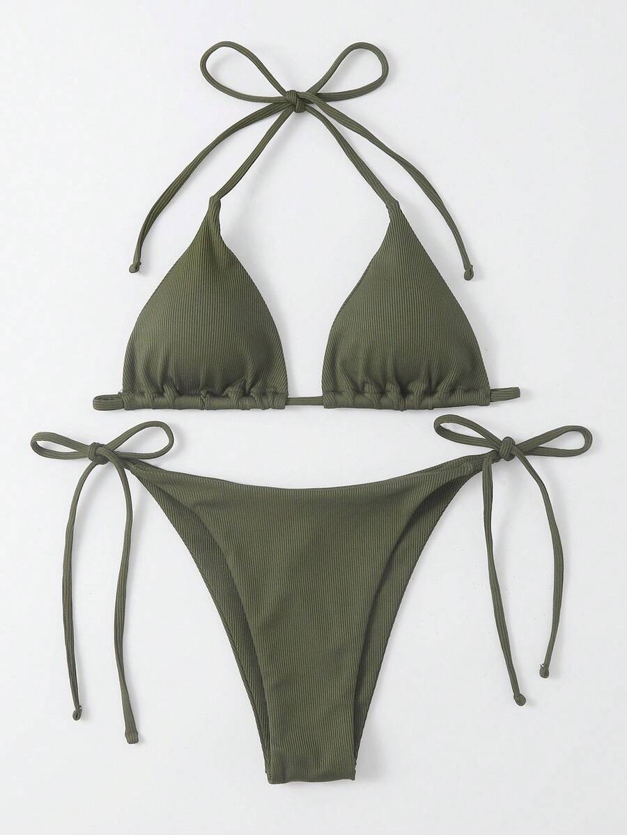 Swim Basics 夏季海滩单色比基尼套装吊带三角胸罩和系带侧边下装 2 件比基尼
