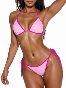 Swim Basics ملابس شاطئ صيفية للنساء، بيكيني بياقة حلقة مع لون متباين وربطة جانبية للجزء السفلي، مقاس عادي