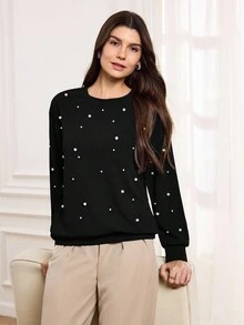 Miaspire Drop Shoulder Faux Pearls Beaded Pullover,Long Sleeve Tops - Black - View 1