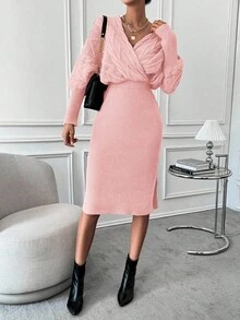 EMERY ROSE 蝙蝠袖开衩裹身毛衣裙针织套装针织两件套毛衣裙套装毛衣两件套冬季两件套 - 淺粉色 - 查看 4