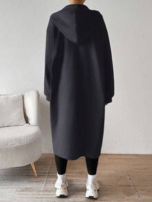 SHEIN EZwear 女士中长款灰色连帽外套，带保暖内衬，秋冬新款长款开衫长外套，秋季简约女装，舒适秋冬女装 - 深灰色 - 查看 2