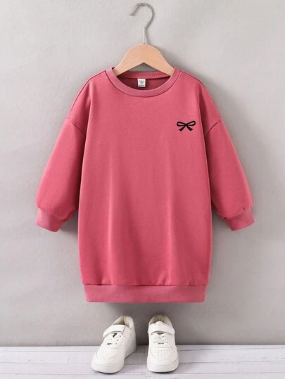 年轻女孩休闲百搭舒适蝴蝶结印花圆领宽松套头中长针织连衣裙，适合通勤、上学、日常休闲、度假、运动、春夏、秋冬