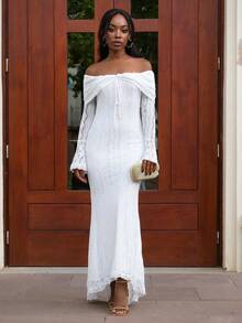 Yess Loren Women's Elegant Off Shoulder White Lace Long Sleeve Maxi Mermaid Dress, Suitable For Wedding, Party, Bridesmaid Dress,White Graduation Dress - White - View 1