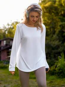SHEIN Unity Top décontracté à manches longues pour femmes, col rond, dos nu, couleur unie, style décontracté et sport extérieur - Blanc - Voir 3