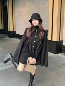 DAZY 女士纯色休闲韩版斗篷外套，前开襟纽扣夹克 - 黑色 - 查看 5