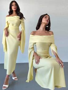 Firerie 优雅纯色露肩长袖褶皱腰 A 字中长连衣裙，适合日常、度假、返校、毕业典礼、派对 - 奶油黄 - 黃色 - 查看 11