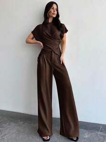 Firerie Women's Elegant Commuter Wrap Chest Tie Waist Top And Wide Leg Pants Set - Coffee Brown - View 4