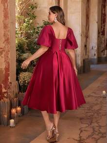 Aureia Plus Size Elegant Romantic Red Satin Asymmetrical Ruched Sweetheart Neck Puff Sleeve High Waist Luxury Applique Decor Extra-Large Dress Suitable For Evening Party, Singles Party, Date, Graduation, Formal Dance