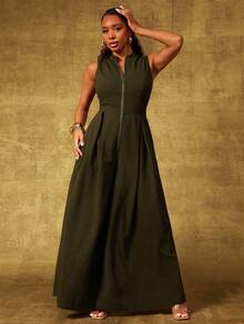 Vixey Olive Green Jersey Knit Front Zip Pleated Waist Culotte Jumpsuit, Going Out - Dark Green - View 5