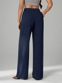SHEIN Tall 夏季休闲黑色西装直筒阔腿裤，女士复古富家风，办公室仙气风藏蓝色阔腿裤，女士长裤，藏蓝色阔腿裤，女士长裤，夏季亚麻裤 - 藏蓝色 - 查看 2