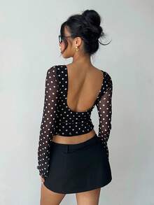 MainGRL Women's Autumn New Polka Dot Mesh Backless Flare Sleeve Long Sleeve T-Shirt See Through Top Backless Shirts Long Sleeve Sheer Top Polka Dot Top Open Back Tops