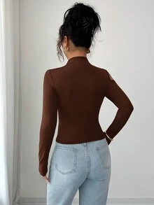 Siren Gaze Áo thun tay dài khoét lỗ dáng ôm, màu trơn, mặc đi làm hàng ngày dành cho nữ, Xuân/Thu - màu nâu - Xem 2