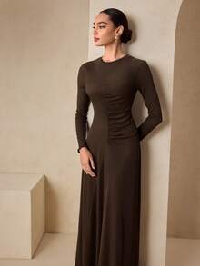 Graceveil Women's Round Neck Long Sleeve Cinched Waist Pleated High-End Design Fitted Knit Dress