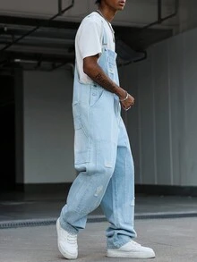 Manfinity EMRG 男式休闲做旧多口袋胸带牛仔背带工装裤 - 淺色水洗藍 - 查看 8