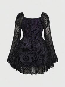 ROMWE Váy cổ vuông tay loe họa tiết nhung phong cách Hippie lãng mạn cổ điển cỡ lớn - Màu xanh hải quân - Xem 2