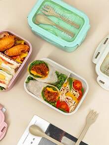 SHEIN 1 件套双隔层午餐盒，内置餐具套装，可重复使用的圆形和方形便当盒，微波炉加热（取下盖子），便携式轻便手持午餐盒，冰箱保存，适用于厨房、户外和厨房用具 - 卡其色 - 查看 10