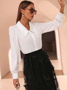 Aidyla Camisa casual de mujer de unicolor con cuello vuelto y botones delanteros, para primavera/verano - Blanco - Ver 7